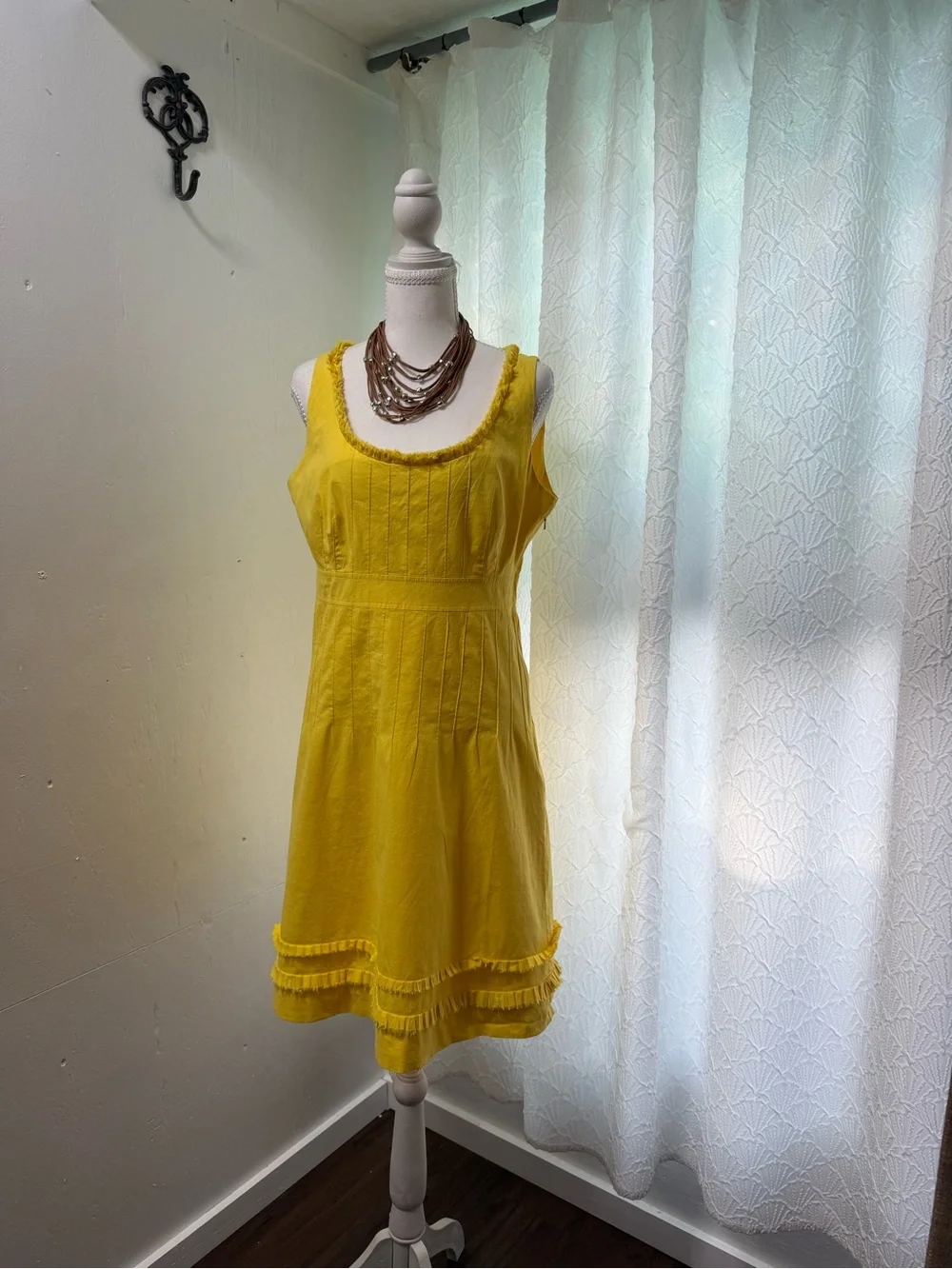 Tory Burch Yellow Sleeveless Midi Dress with Fringe Hem